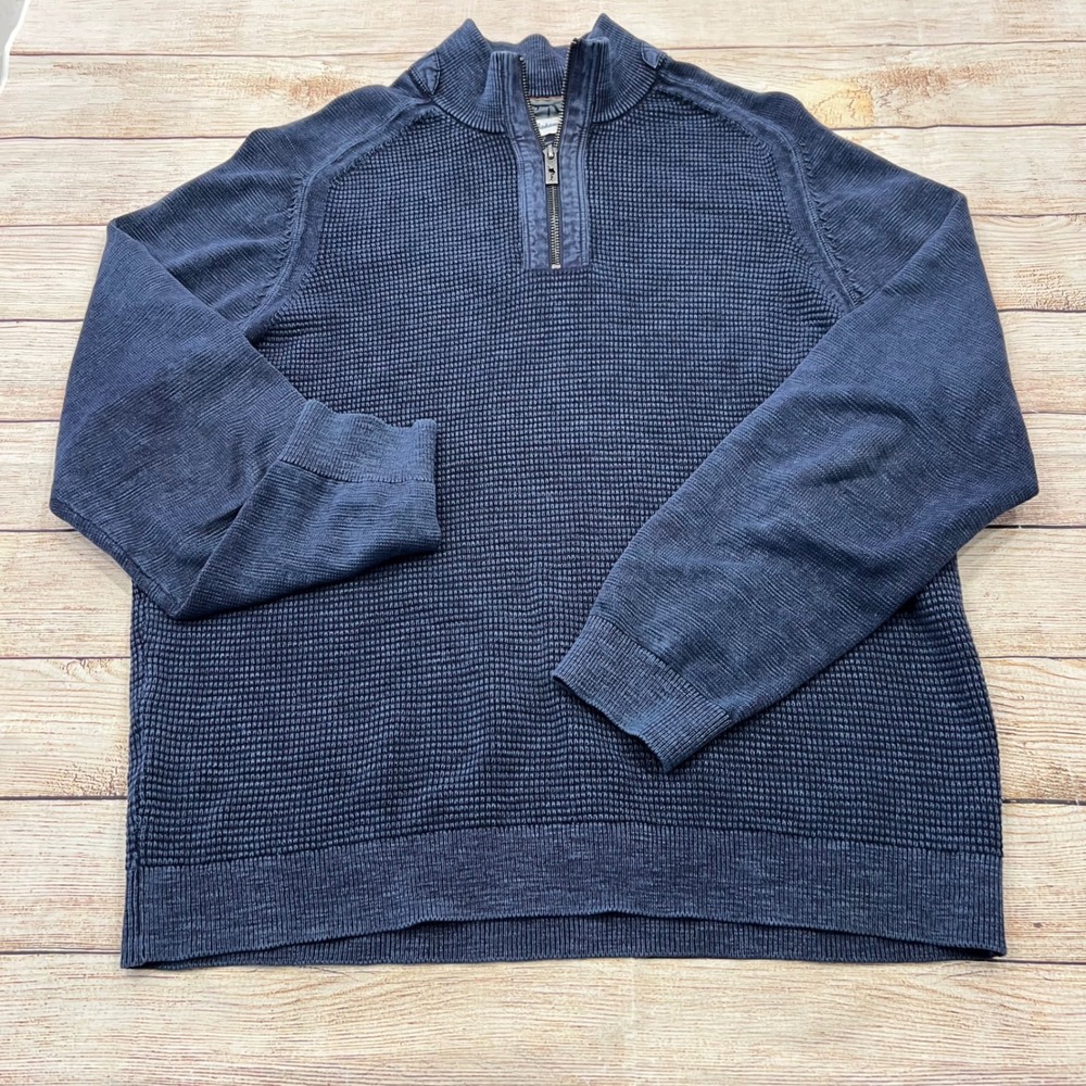 Tommy Bahama Mens Navy Blue Waffle Knit Cotton Quarter Zip Sweater Small
